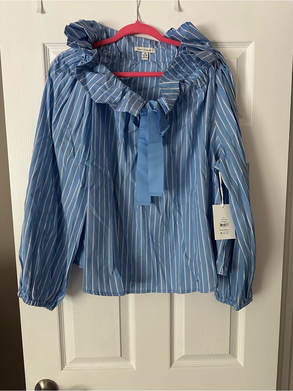 Blue Striped Ruffle Neck Blouse with Tie